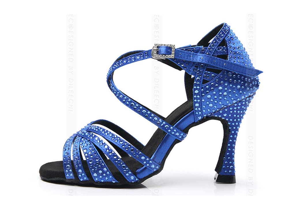 MGM-Joymod Women's Peep Toe Cross Strap Rhinestones Social Tango Ballroom Latin Modern Dance Shoes Wedding Party Sandals/Dark Blue 9cm 9.5 M US