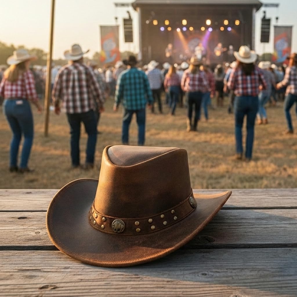 Equine Care Distressed Brown Leather Cowboy Hat for Men Women – Western Rancher Hat with Buffalo Coin Concho Band, Shapeable Wide Brim, Chin Strap, Rodeo Outback Style, XL 7½–7⅝ (60–61 cm)