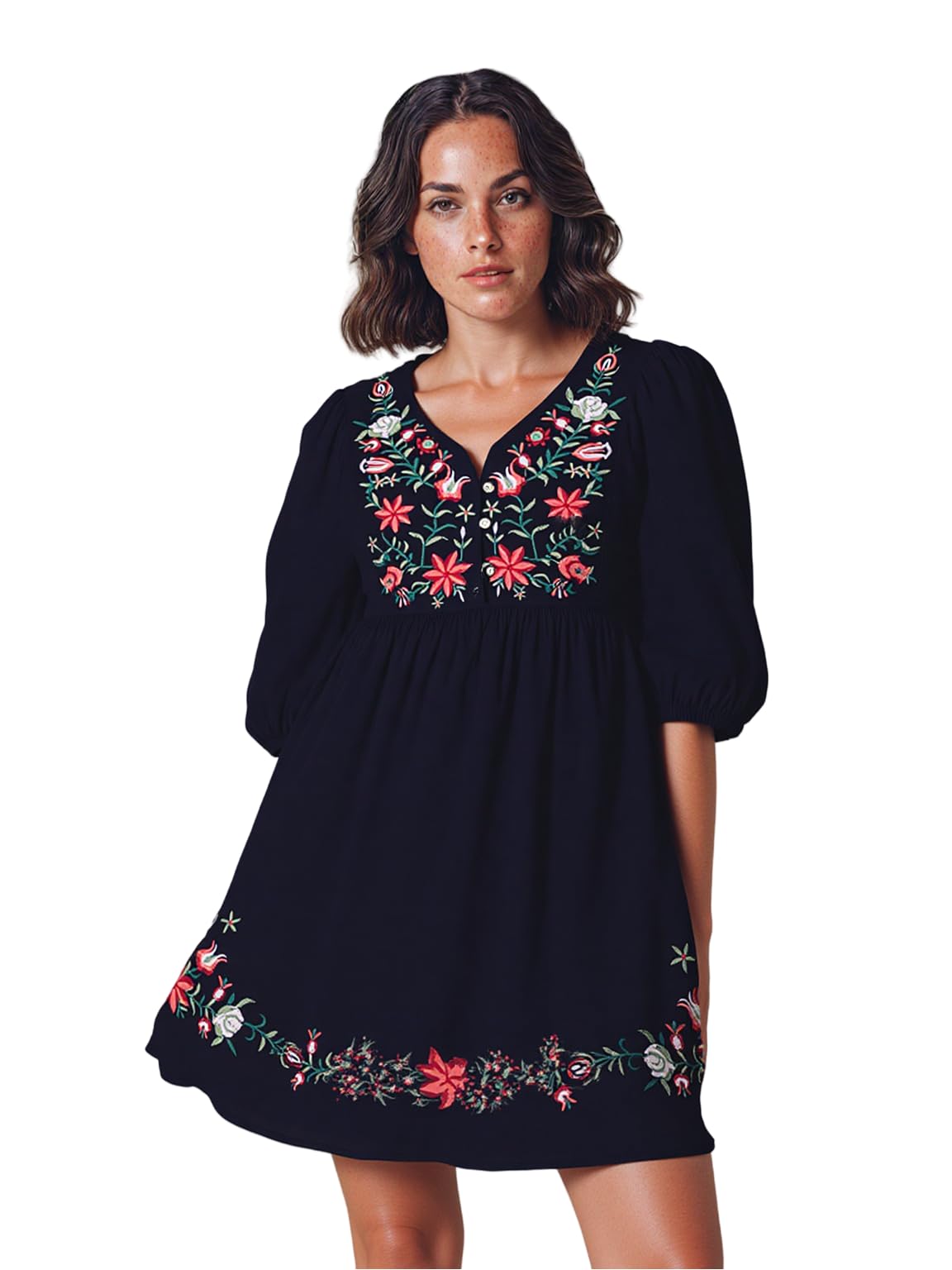 Women's Summer Mini Dress Bohemian Embroidery Tunic Shift Blouse