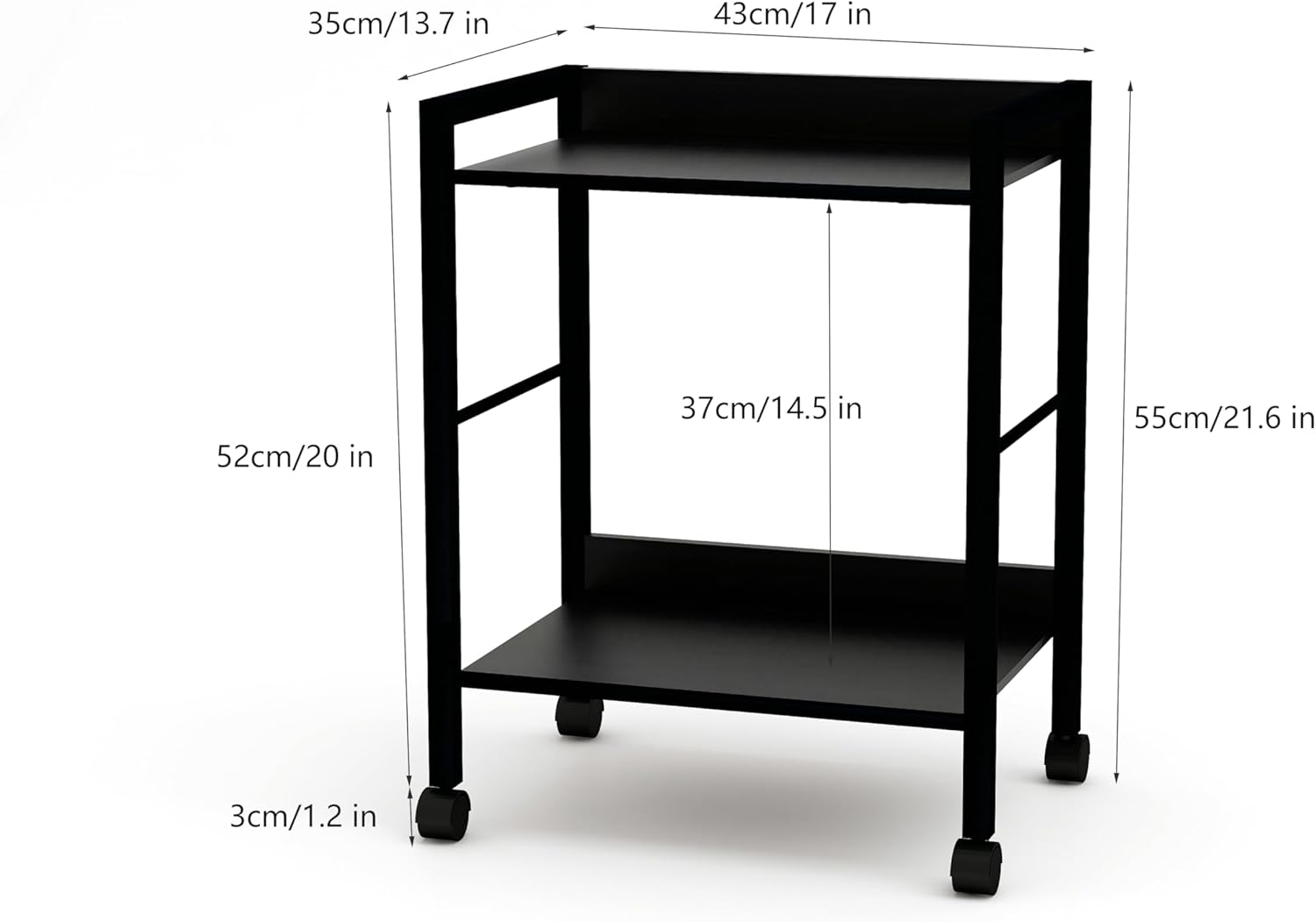 2-Tier Rolling Utility Cart with Rustic Black Shelves and Black Metal Frame, Industrial Mobile Storage Trolley on Wheels for Kitchen, Office, Bathroom, Living Room