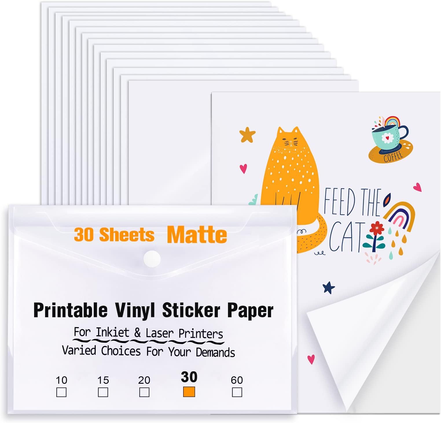Printable Vinyl Sticker Paper for Inkjet Printer - 30 Sheets Matte White Waterproof Sticker Paper for Cricut, Dries Quickly 8.5 inches x11 inches - Inkjet & Laser Printer