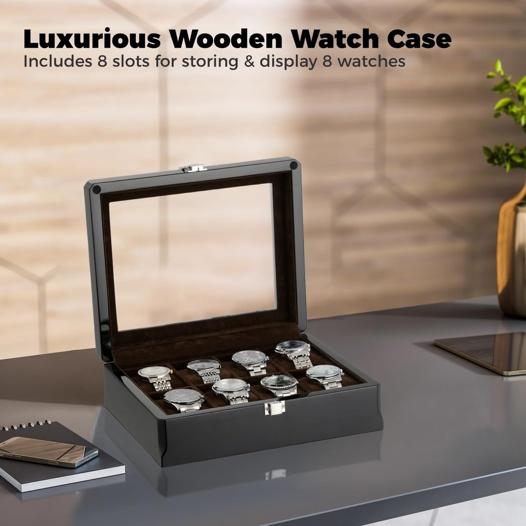 Organizador de relojes de madera, caja de reloj para hombre de 8 ranuras con parte superior de cristal, vitrina de madera con acabado lacado brillante, caja de regalo de reloj para hombres