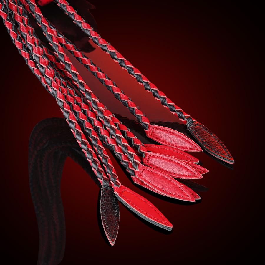 Handwoven Genuine Leather Cat-O'-Nine-Tails Whip | 60cm Total Length with Willow-Leaf Tail | 15cm Hangable Premium Equestrian Whip | Dual Use for Training & Collectors (Red Black)