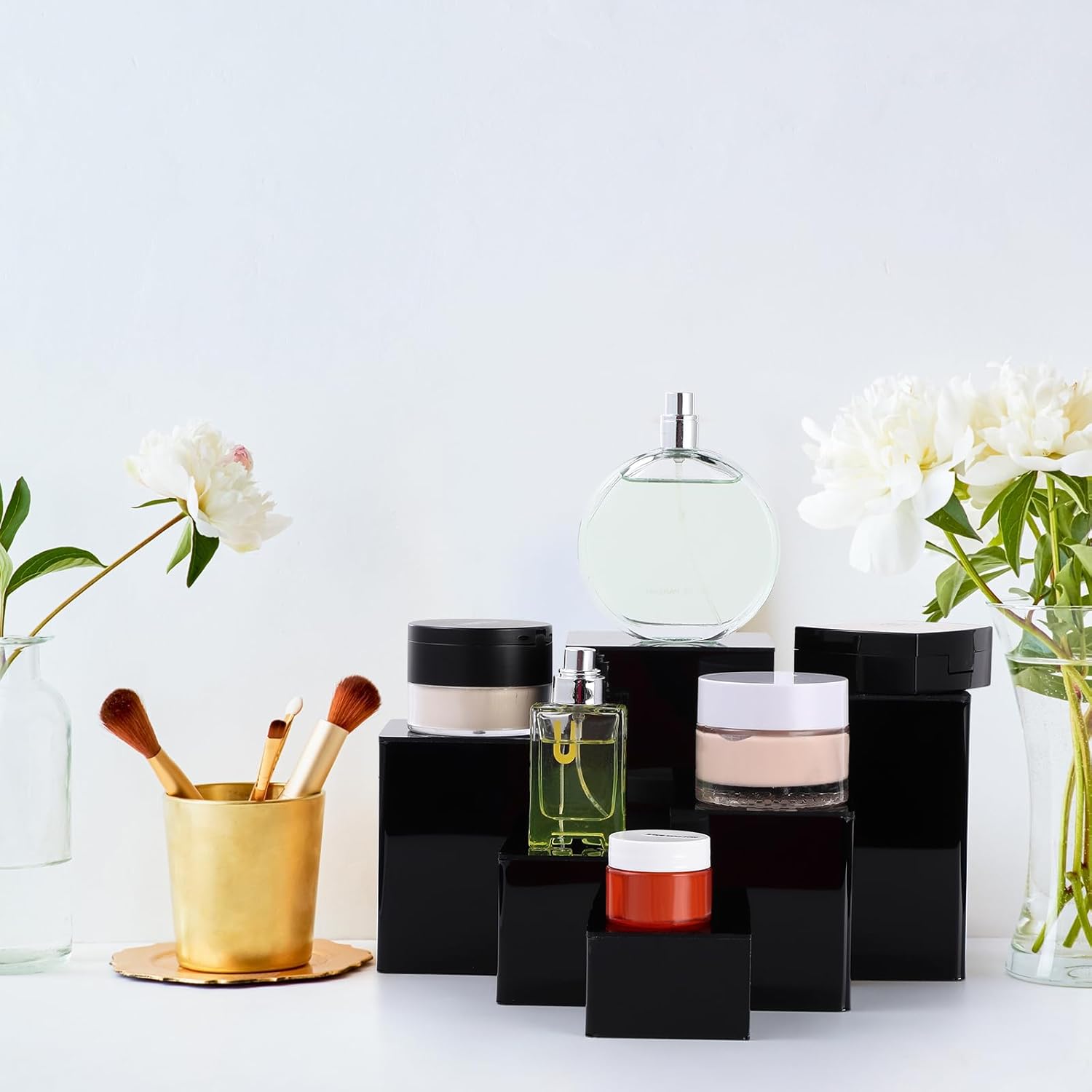 Thyle 12 Pcs Jewelry Acrylic Risers Square Cube Display Nesting Risers Figure Stand with Hollow Bottoms Display Stand Shelf for Cosmetics Food Collectibles Perfume, 6 Sizes (Black)