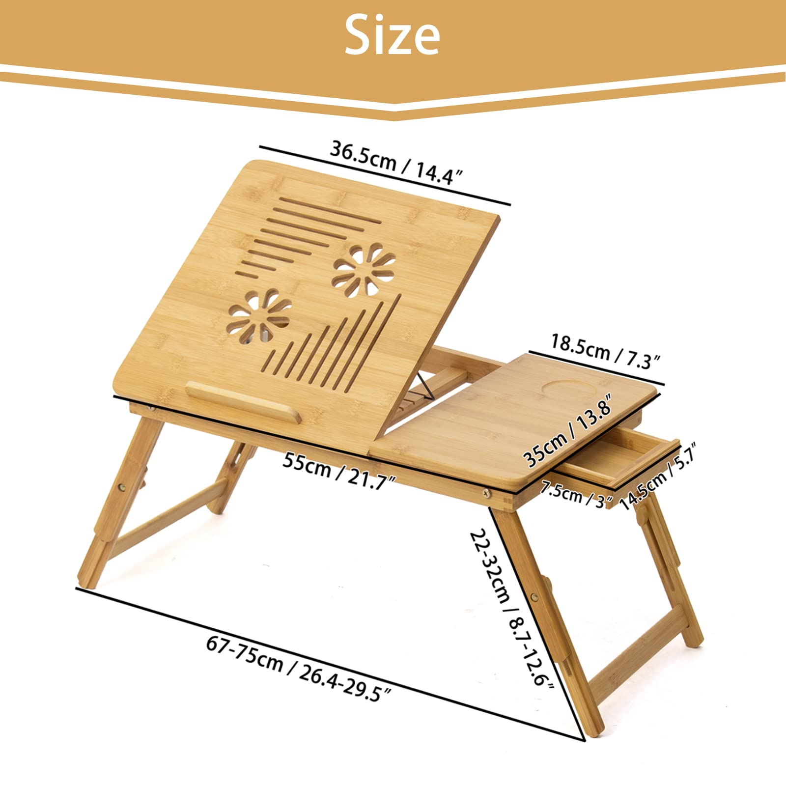 Todeco Plateau de Lit Pliable, Table de lit Pliable pour Ordinateur | Plateau ajustable 5 positions, Bureau Bambou avec Grande Ventilation, 55,1 x 35,1 x (22-32)cm