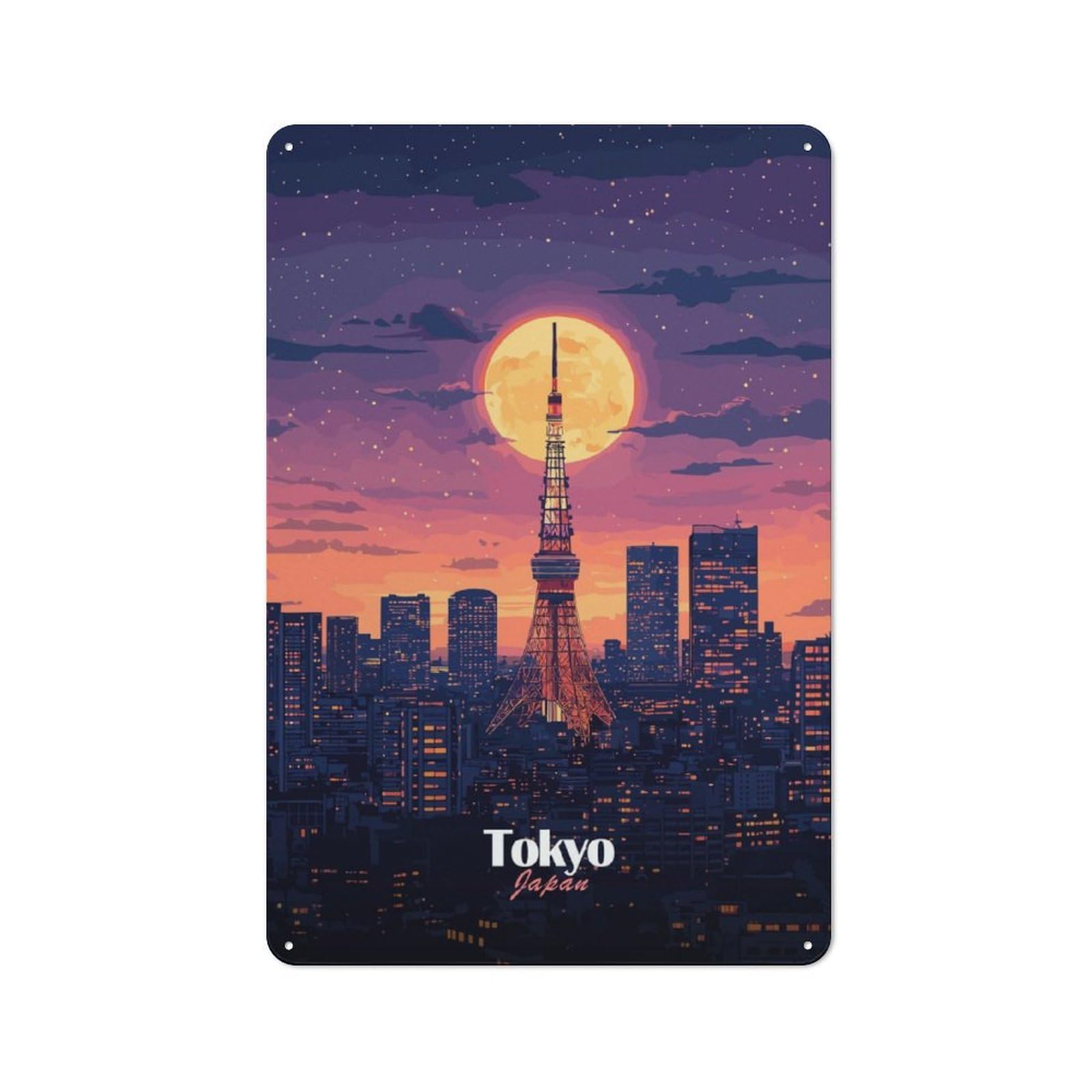 Junmoney Tokyo Skyline Night Rustic Tin Wall Plaque 30X20cm For Studio Or Craft Room, For Garage, Workshop And Man Cave Decoration