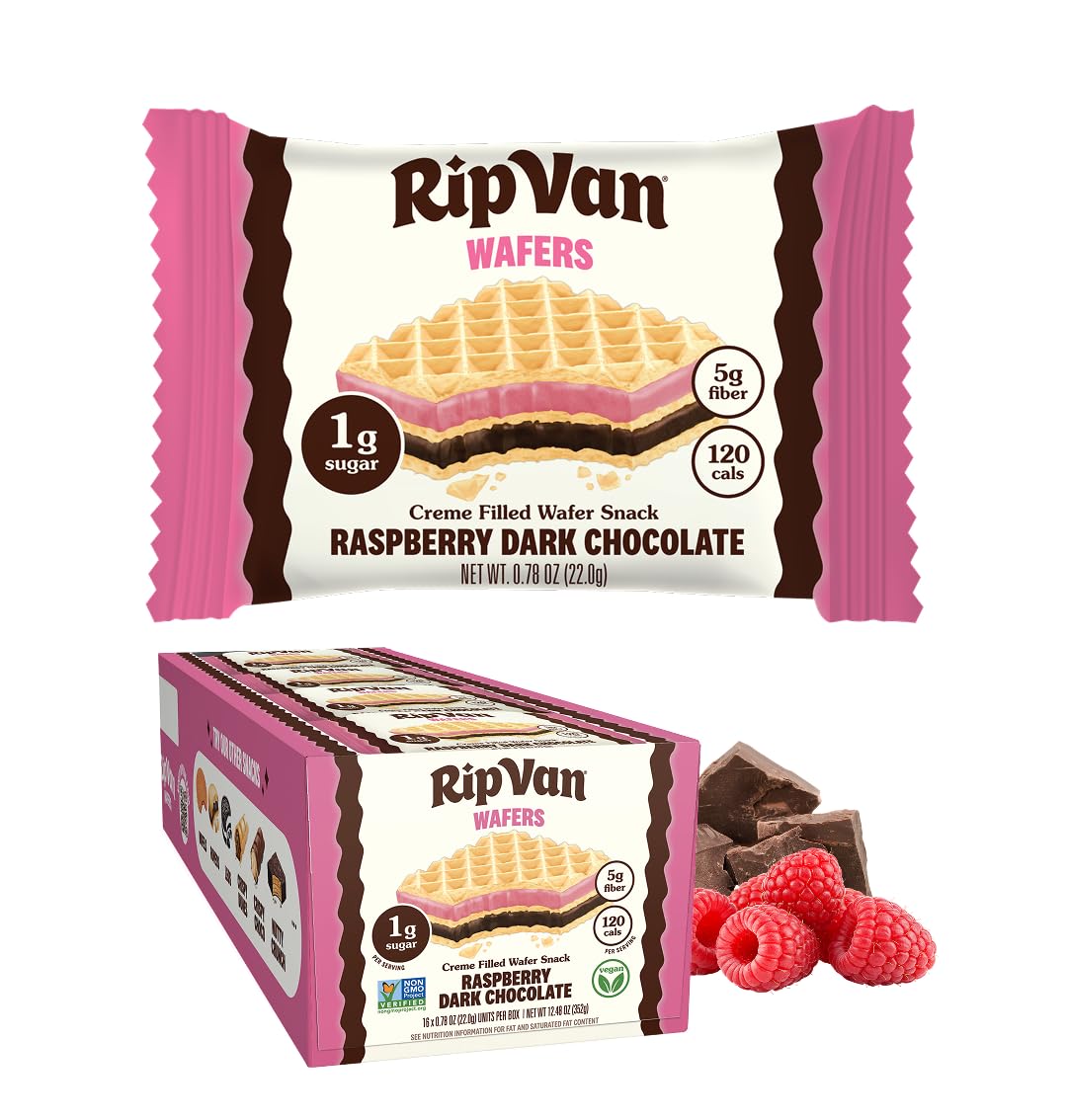 Rip Van Raspberry & Dark Chocolate Wafer Cookies - Healthy Snacks - Non GMO Keto Cookies - Keto Snacks - Low Carb, Low Sugar (1g), Low Calorie and Vegan Snack - 16 Count