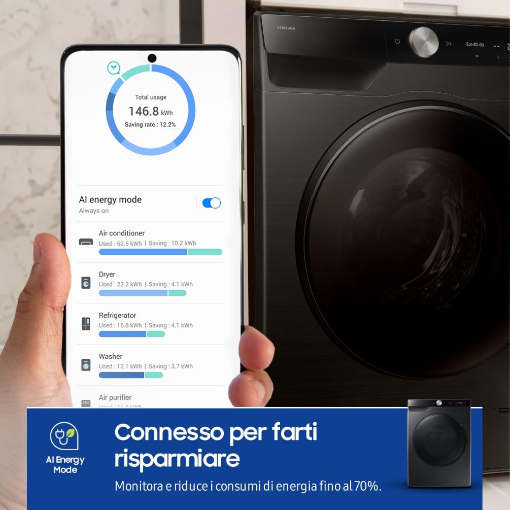Samsung Lavasciuga Slim AI Control EcoDosatore WD90DG6G94BB, 9+5 kg, Wifi, Ecodosatore, AI Wash, Carica Frontale, 60L x 85H x 48P cm