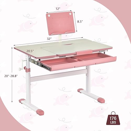 Miniatura 11 de Costzon Escritorio para niños, mesa de estudio ergonómica de altura ajustable para niños con escritorio inclinable y soporte para libros, cajón de