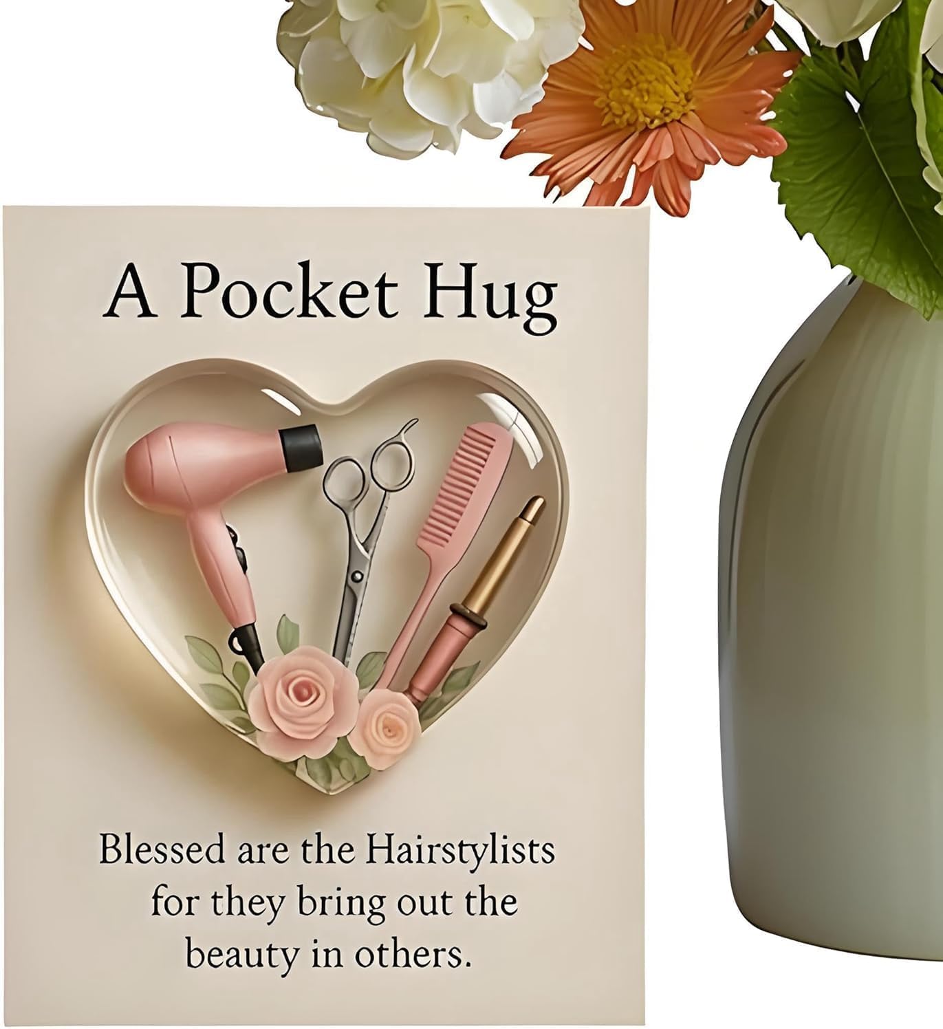 A Pocket Hugs for Hairstylists, Mini Hairdresser Tools Heart Pocket Hugs Inspirational with Greeting Card, Christmas Thank You Gift for Women Men Hairstylist (‎Style A)