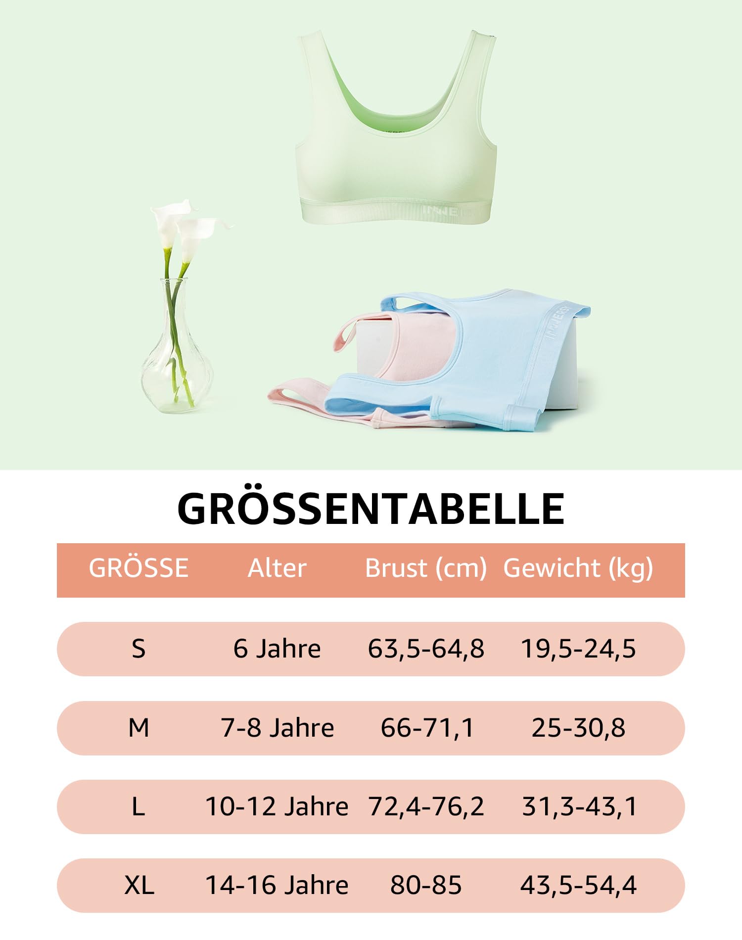 INNERSY Bustier dziewczęcy biustonosz sportowy bez fiszbin, dla dzieci do nastolatków 6-16 lat, 3 sztuki