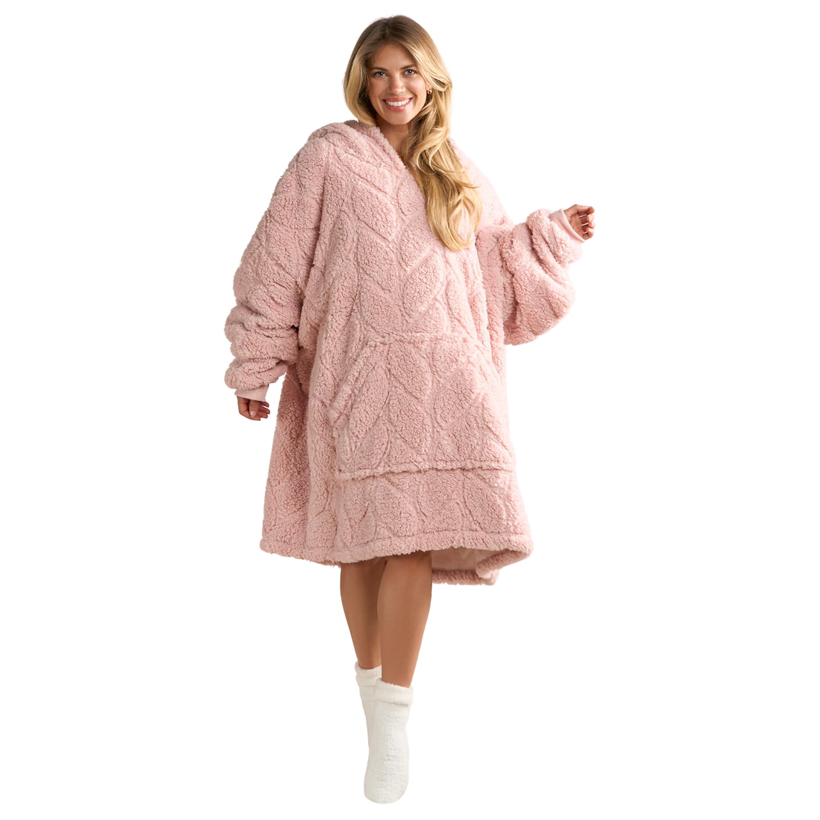 Ohs Women's Blush Pink Fleece Hoodie Blanket Braided Ultra Soft Snuggle Hoodie Winter Warm Cosy Blanket Oversized Thermal Throw Hoodie Fluffy Gifts For Her - Blush, One Size