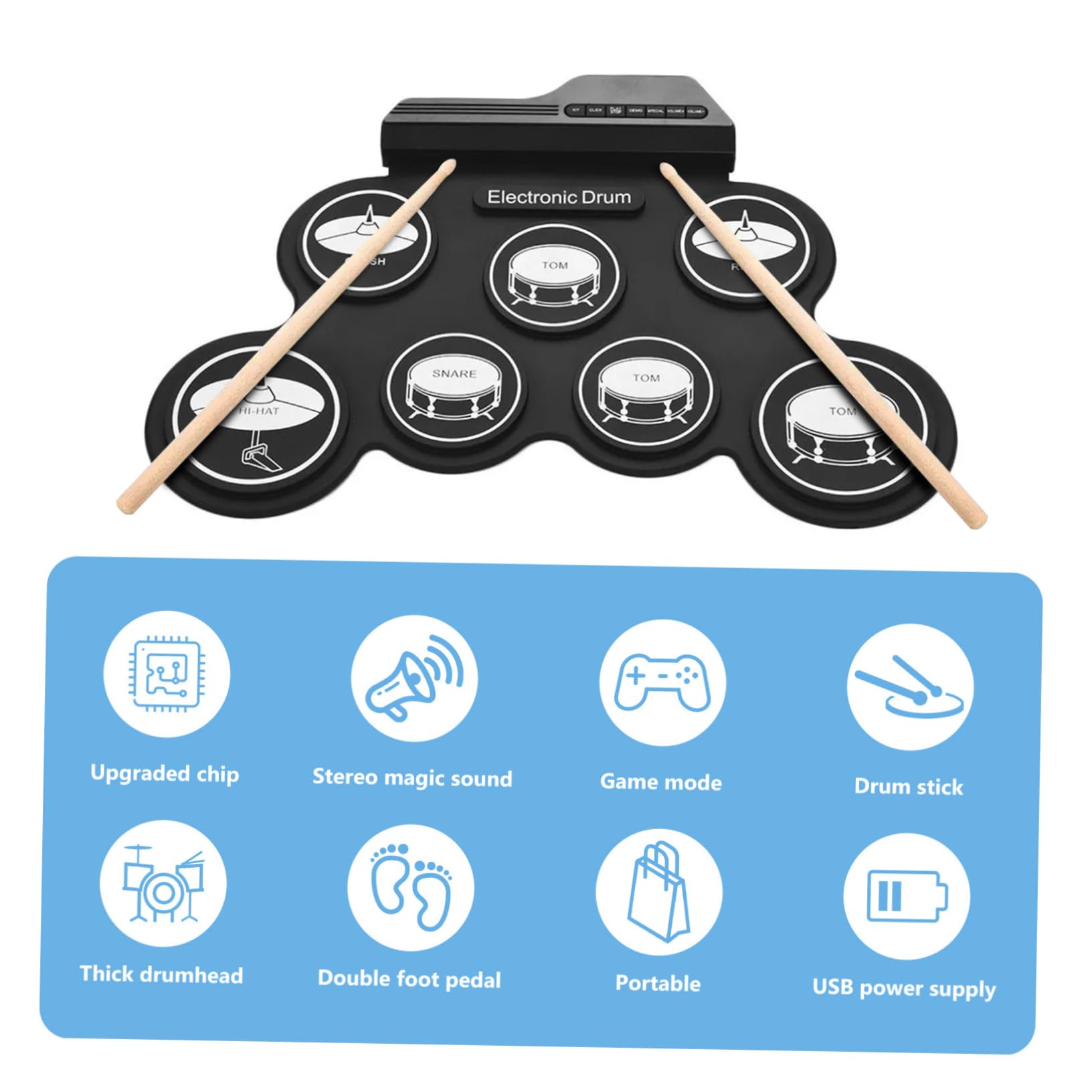 Batteria Elettronica Portatile USB Nero, Set Digitale per Principianti | Silicone Abs, Jack Cuffie e Metronomo Integrato, Suono Realistico per Back To School Party