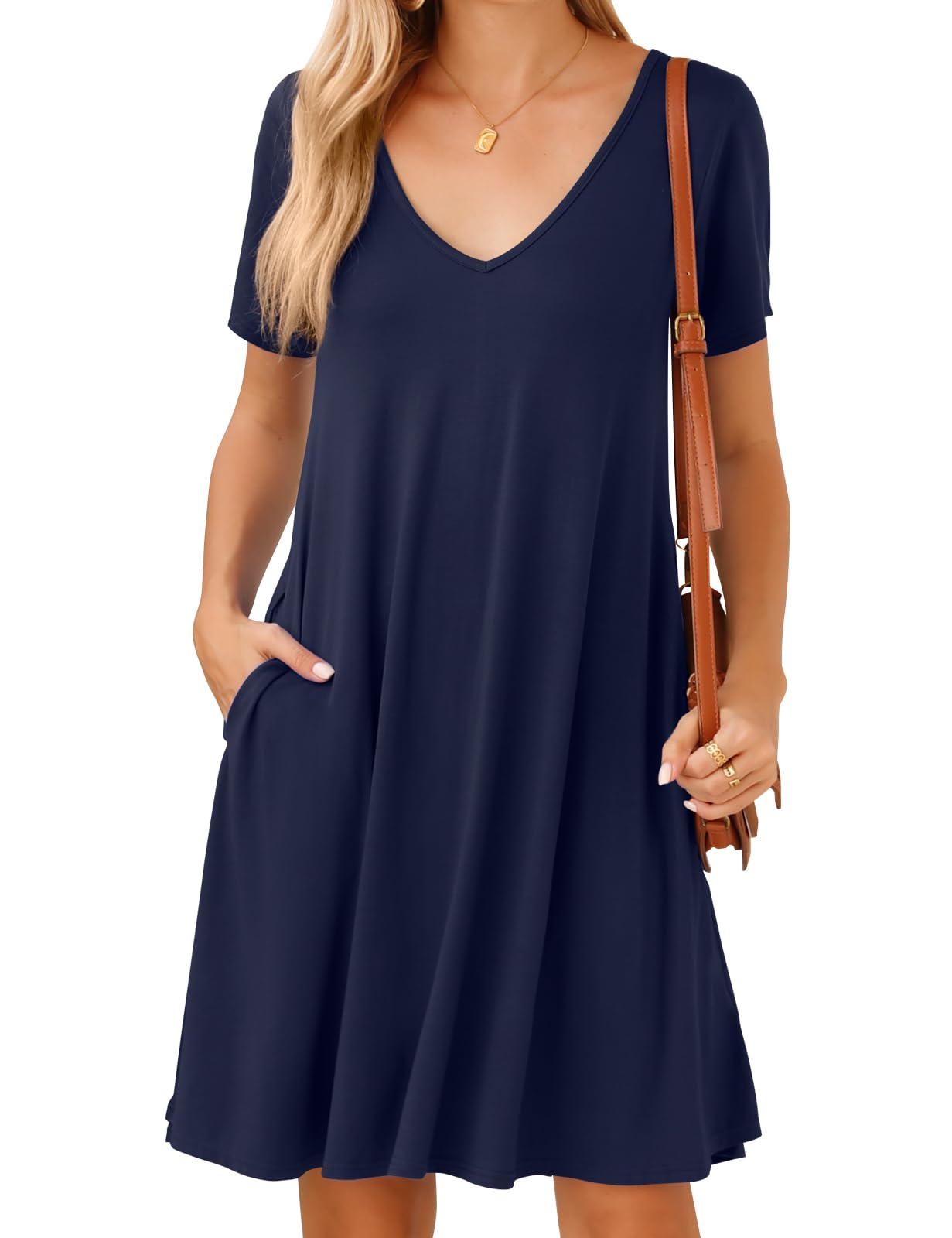 JollieLovin Women T Shirt Plus Size Summer Swing Dresses Short Sleeve V Neck Loose Casual Dress(L-5X)