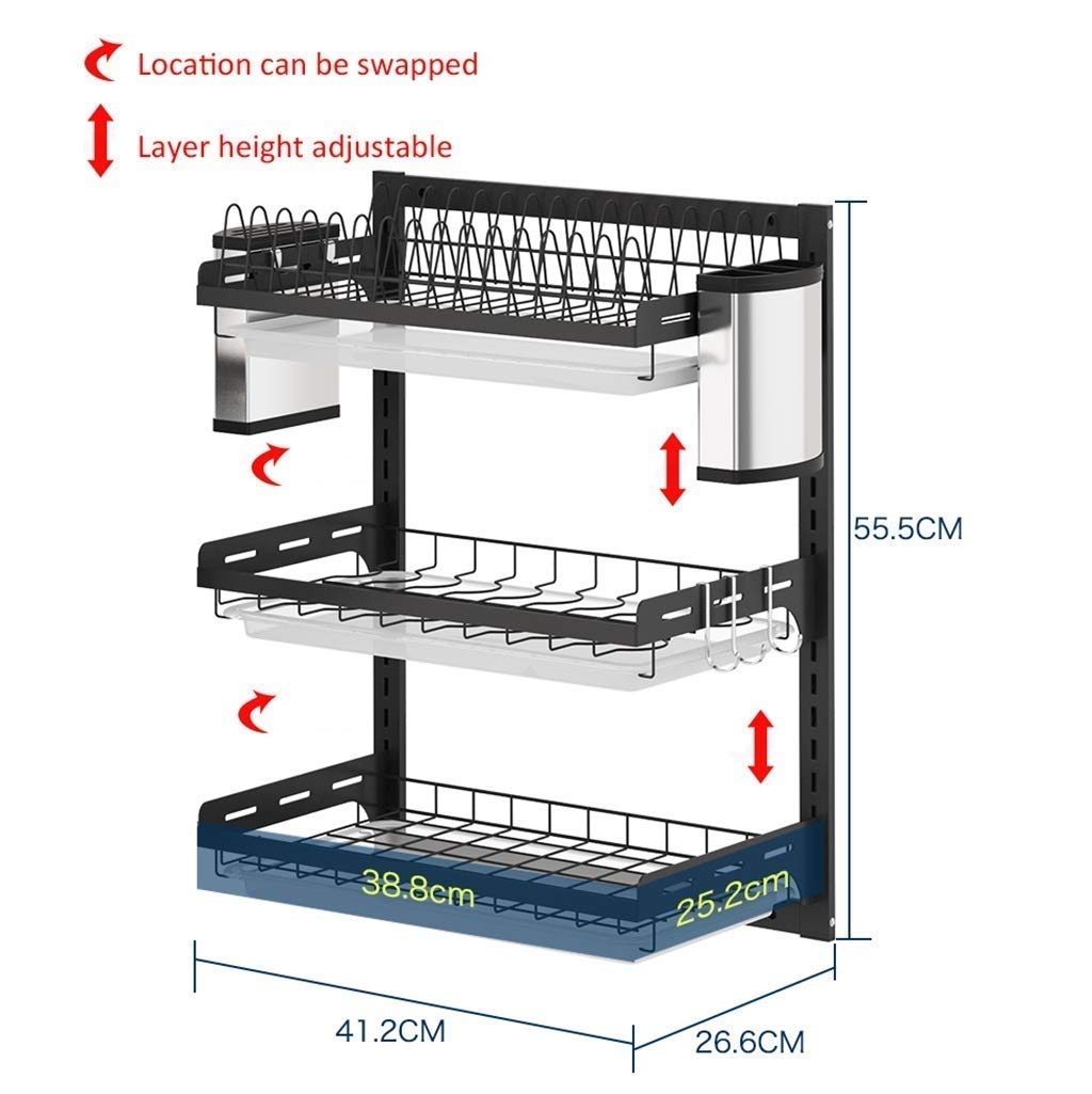 Estante de Almacenamiento de Cocina para el hogar, Estante de Drenaje para Platos montado en la Pared de Cocina de Acero Inoxidable 201 Negro con Jaula para Palillos, Soporte para Cuchillos, 2 Capas