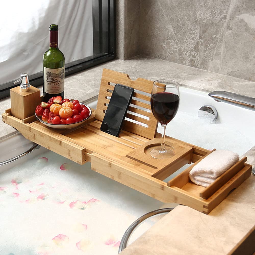 Accessori Bagno Tavolino Mensola Vasca Allungabili Legno di Bambù Vassoio Vasca da Bagno Portaoggetti, Porta Oggetti per Bagno Supporto per Ipad Libro, Naturale