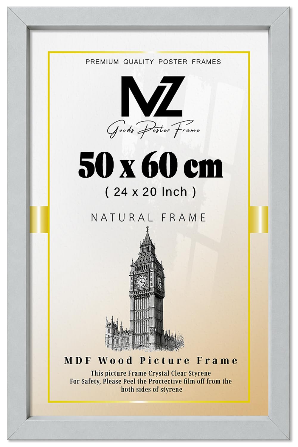 MZ GOODS | MDF Picture Frame (50 x 60 CM) 20 x 24 for Posters, Artwork & Wall Décor, Elegant MDF Finish, Secure Hanging Hooks Included [ Light Grey ]
