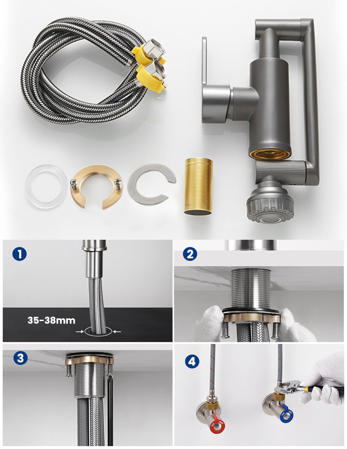 Grifo Cocina, Grifos Cocina Fregadero, Grifo Cocina Extraible, Quooker Grifo Agua Caliente con 2 Mangueras de 3/8'' y Acabado de Acero Inoxidable
