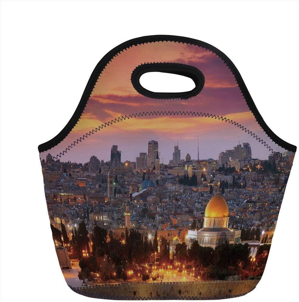 Portable Bento Lunch Bag,Landscape,Ancient Old City Jerusalem Historical Religious Center Israel Twilight View Decorative,Gold Coral Lilac,for Kids Adult Thermal Insulated Tote Bags