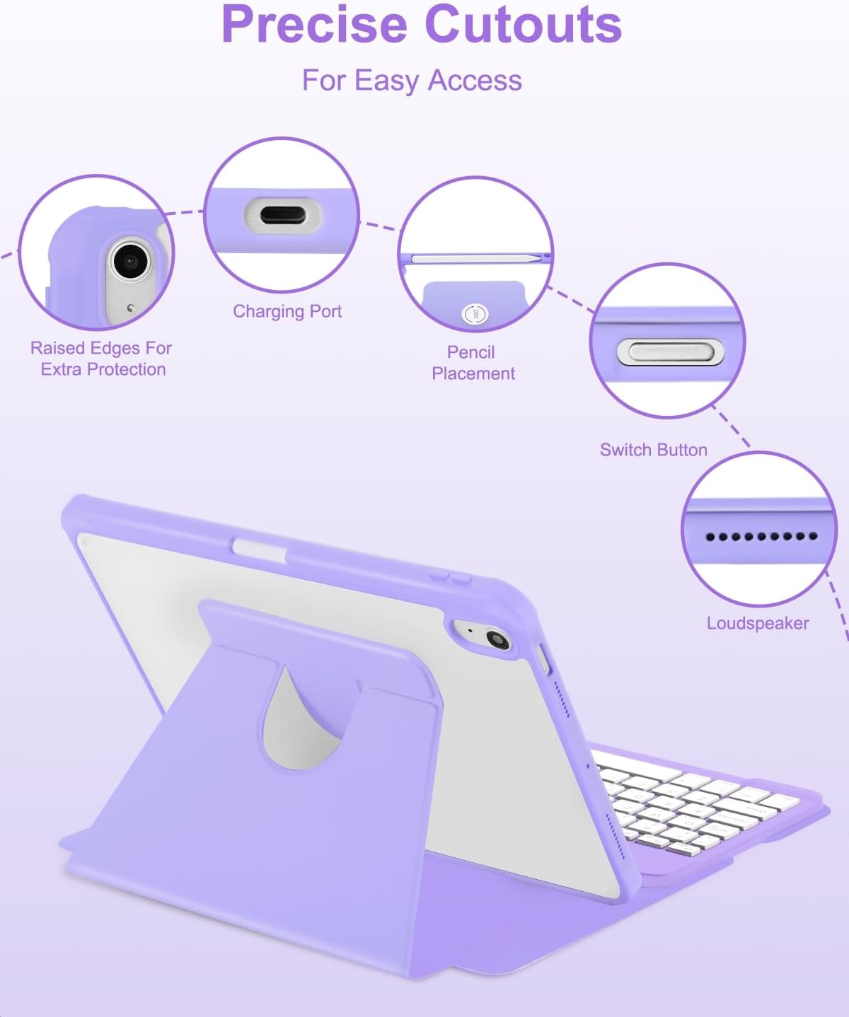 Case with Keyboard Mouse for iPad Air 11 inch M3 M2/ Air 10.9 5th 4th Generation,Rainbow Backlit Detachable Keypad Rotatable Magnetic Cover with Pencil Holder for iPad Air 4 5 6 7 Gen Purple - Image 7