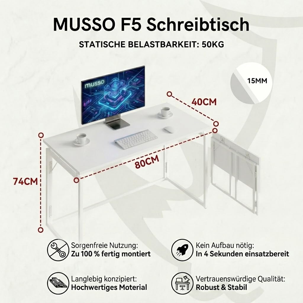 MUSSO F5 Klappschreibtisch, 80 x 40 cm, Montagefrei, Weiß | 80 x 40 cm Platte, klappbar, montagefrei, Homeoffice, Studium und Basteln