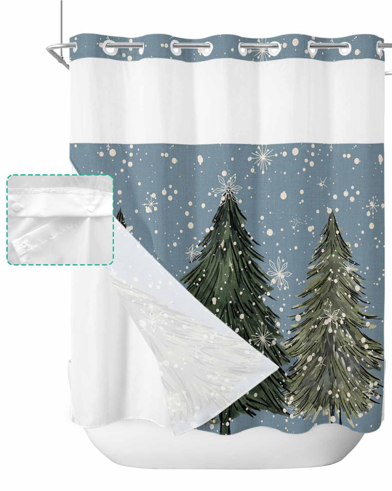 Christmas No Hook Shower Curtain with Snap in Liner Waterproof Fabric Shower Curtain Set for Bathroom Winter Vintage Green Xmas Tree Snowflake Blue