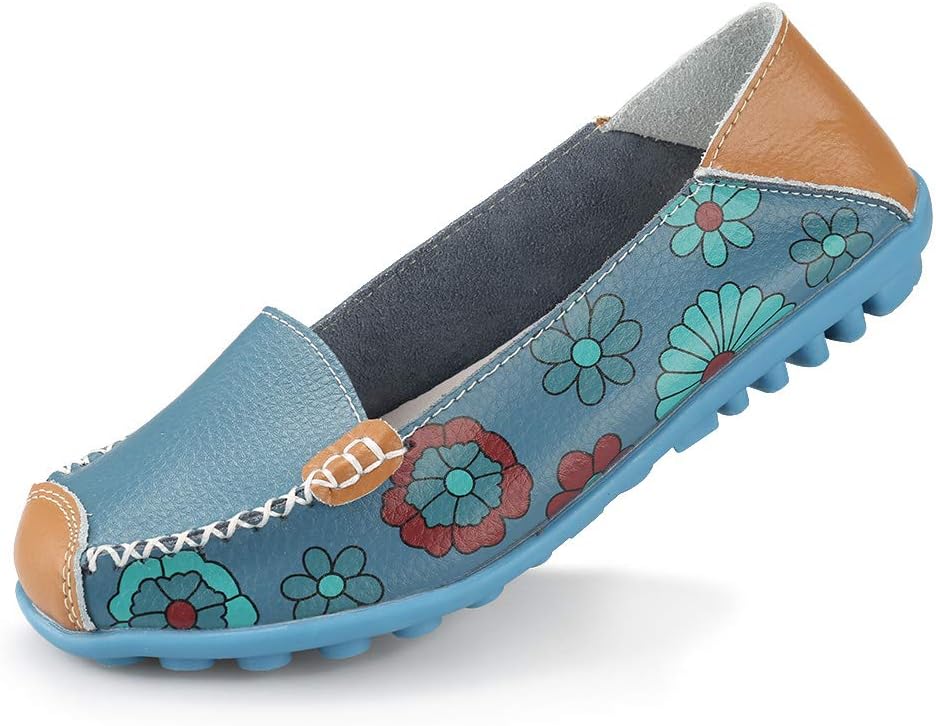Ablanczoom Womens Cowhide Floral Print Flat Casual Slip on Driving Loafer Shoes Blue