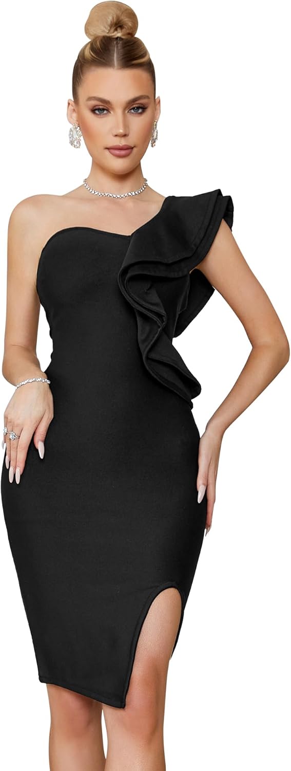 One Shoulder Ruffle Dress Side Split Bodycon Bandage Dress Wedding Guest Dress - Image 6