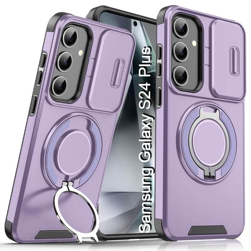 Image of LuxuryKase Shockproof Rugged Case for Samsung Galaxy S24 Plus | Slide Camera Cover | 360 Rotating Ring Kickstand | Military-Grade Protection - Lavender Purple