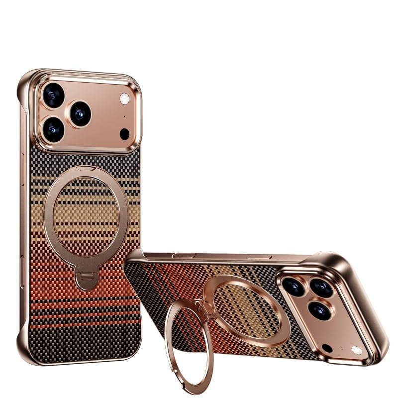 Image of Frameless Aramid Kevlar Textured Phone Case Compatible with iPhone 17 Pro Carbon Fiber Textured Magnetic Phone Case with Rotation Ring - Gold