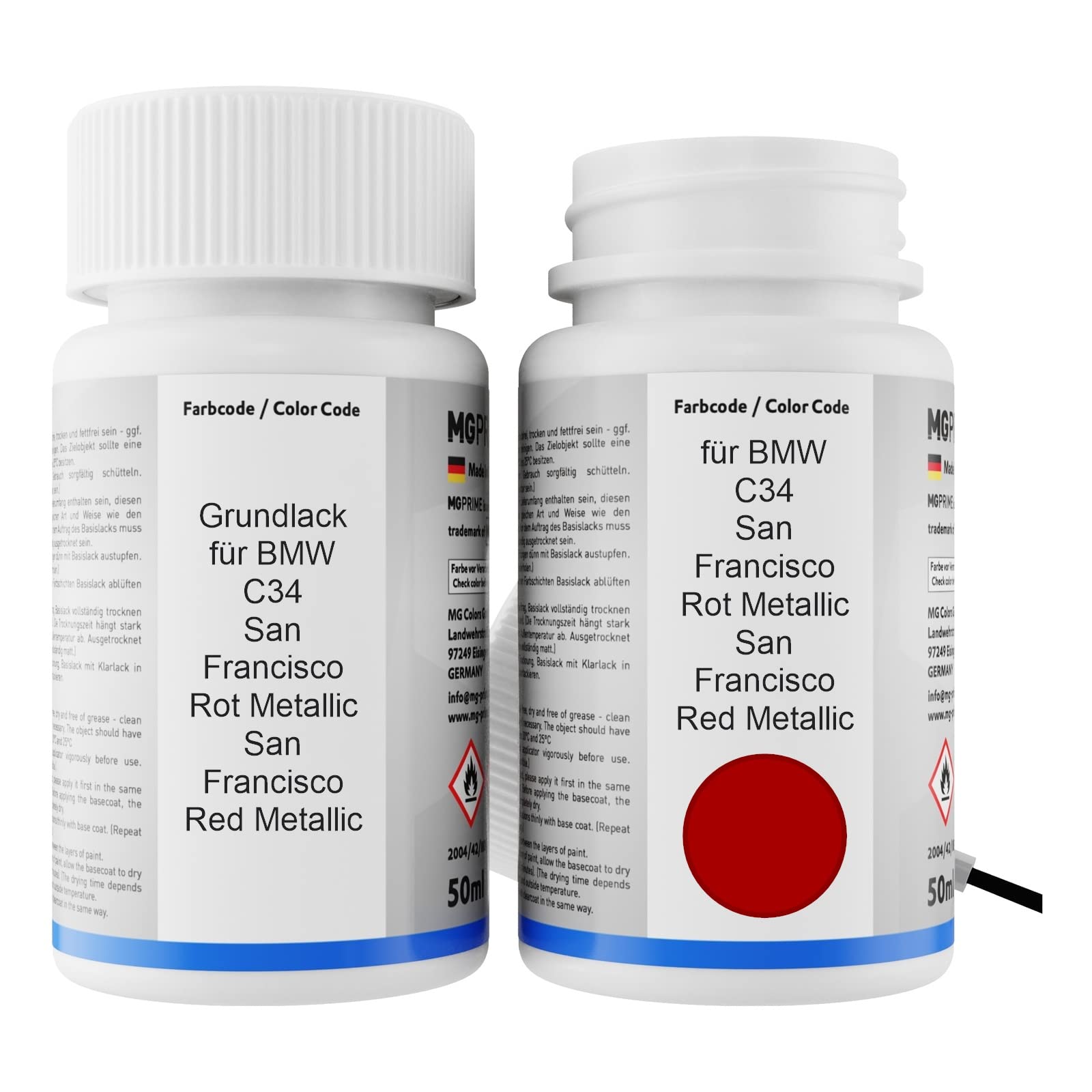 MG PRIME Vernice per auto Kit stilo di ritocco per BMW C34 San Francisco Rot Metallic/San Francisco Red Metallic Vernice di fondo vernice di base vernice trasparente ognuno 50ml