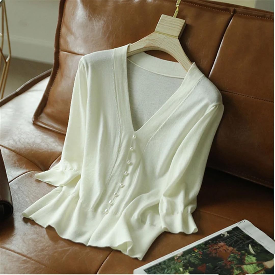 Hauts d'été en tricot à boutons perlés pour femme Col en V Slim Tricoté Décontracté