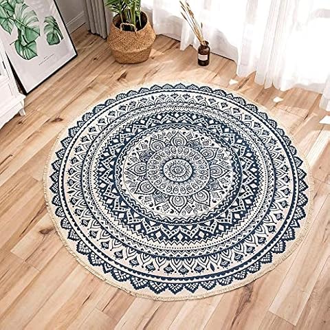ConCus-T Round Rugs 120cm Cotton Area Rug Machine Washable Hand Woven Tassels Carpet Chic Bohemian Pattern Floor Mats for Bedroom Living Room Sofa Coffee Table Swing Chair Bed Side, Navy Blue Cover
