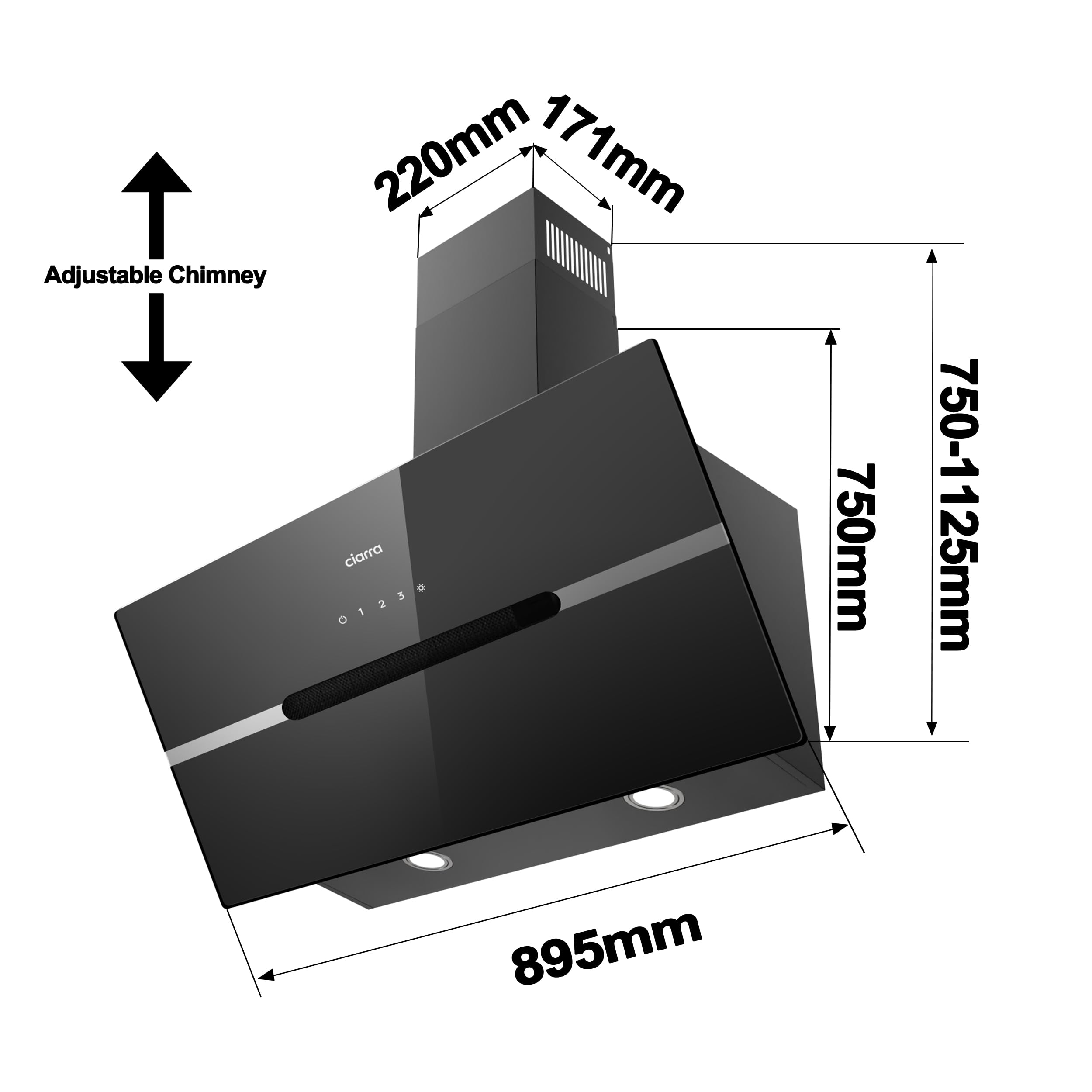 CIARRA CBCB9736F Hotte Aspirante Inclinée 90 cm 650m³/h - Classe A+++ - Filtre à Charbon Inclus - WiFi & Commande Tactile- 3 Vitesses et Fonction Boost - LED Dimmable - Noire