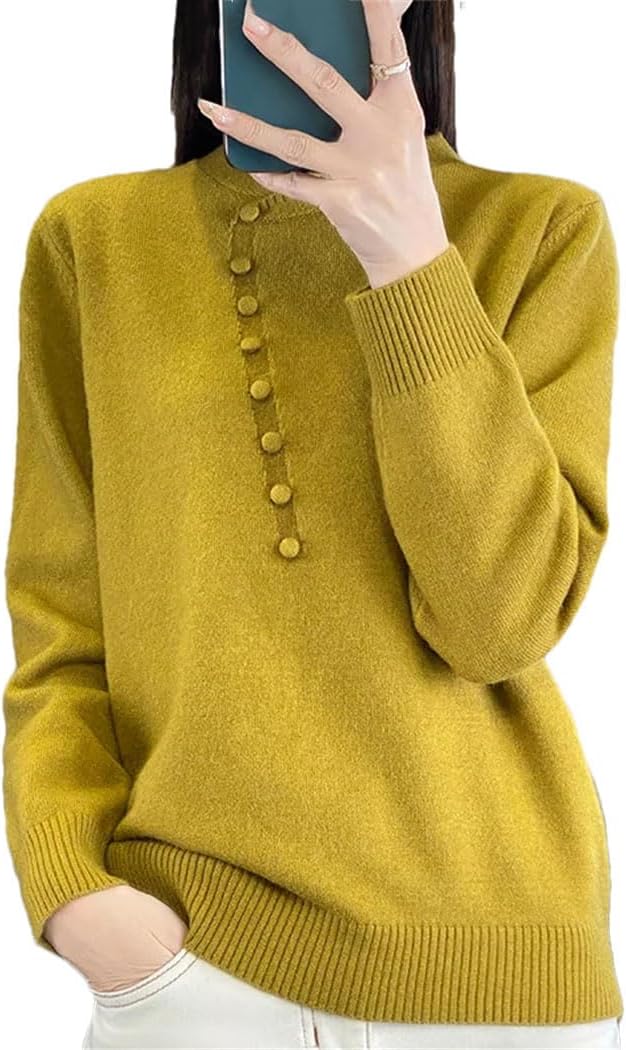 Women's Crewneck Long Sleeve Knit Sweater Loose Botton Casual Pullover Jumper All-Match Comfortable Soft Tops