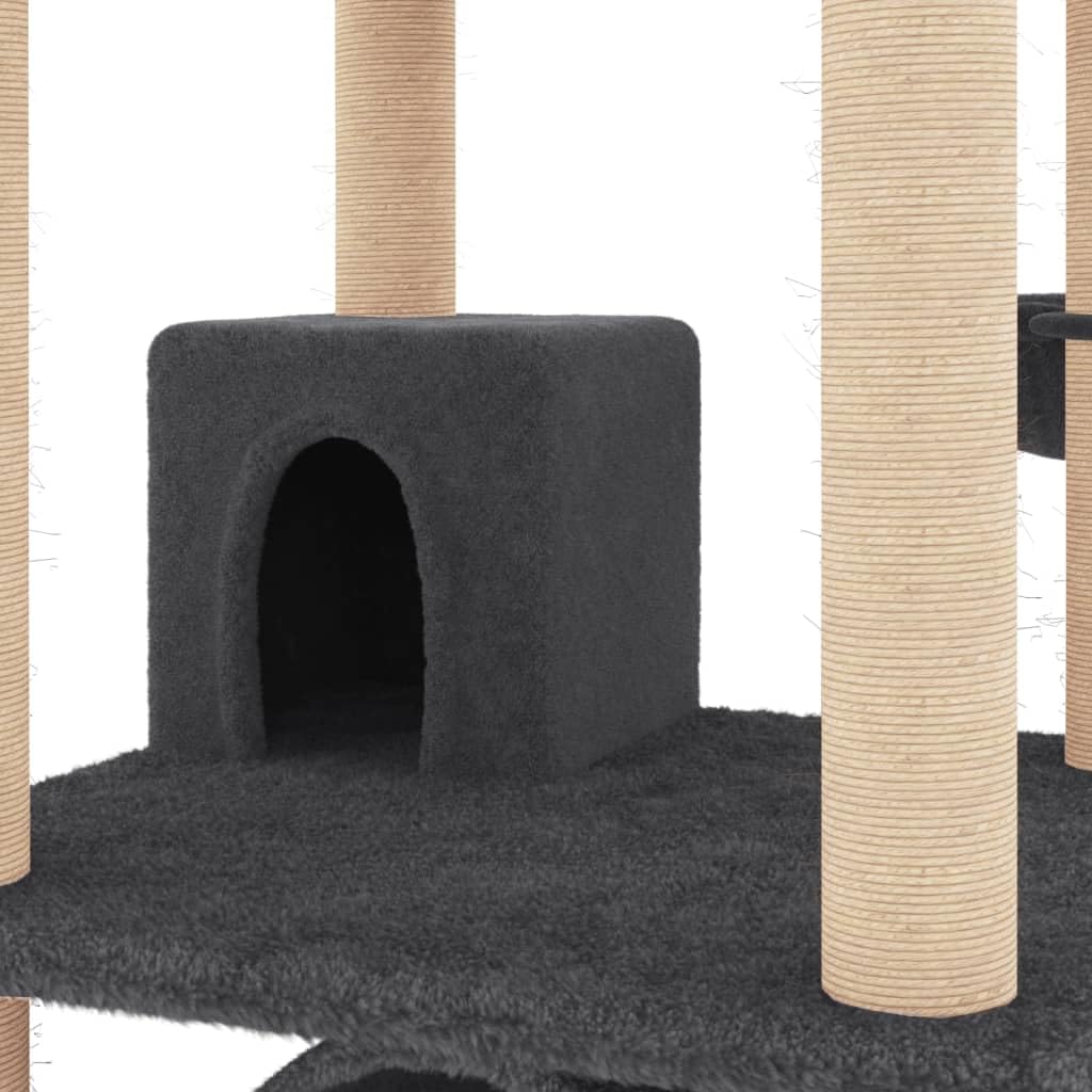 Kratzbaum mit Sisalsäulen Katzenbaum 141cm Dunkelgrau | Mehrstufiger Kletterturm mit Kuschelhöhle, Tunnel und Liegemulden für das Wohnzimmer zur aktiven Beschäftigung.