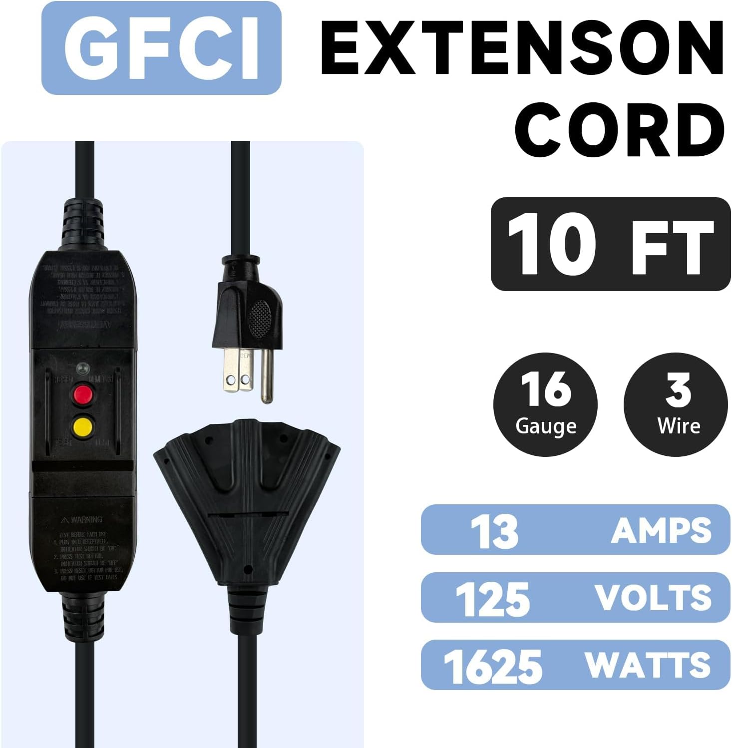EP 10 FT Outdoor GFCI Extension Cord with LED Lighted 3 Prong Grounded Plug, 16/3 Gauge Extension Cable with 3 Electrical Power Outlets for Multiple Appliances, Black