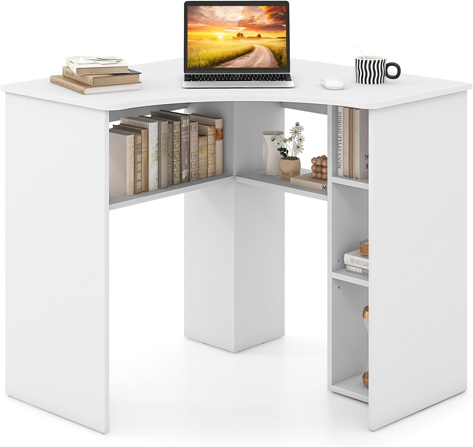 Tangkula White Corner Desk with Storage Shelves, Space-Saving Triangle Study Writing Desk with Adjustable Shelves, Corner Makeup Vanity Desk for Bedroom, Corner Desk for Small Space