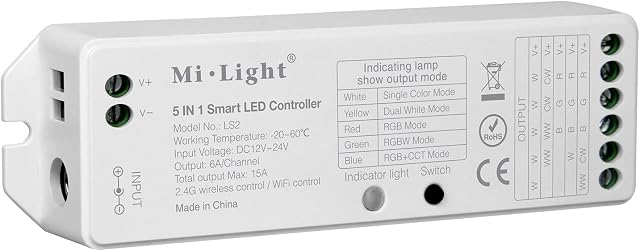 LIGHTEU®, Miboxer Milight 5 in 1 Smart LED Strip Controller, Remote and APP Control Support Alexa or Google Home Voice Control, DC12V/24V, LS2