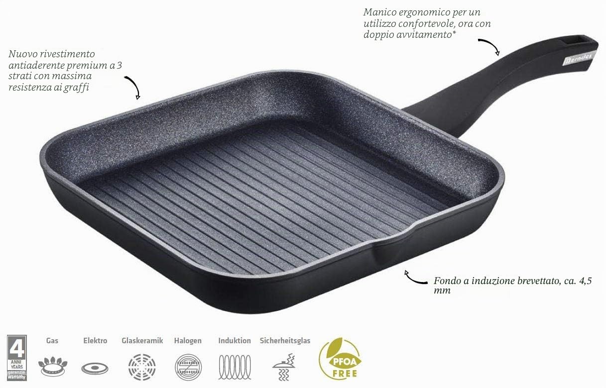 Berndes Balance Induction Enduro Grillpfanne 28x28 Bistecchiera 28 cm, Alluminio Forgiato, Nero