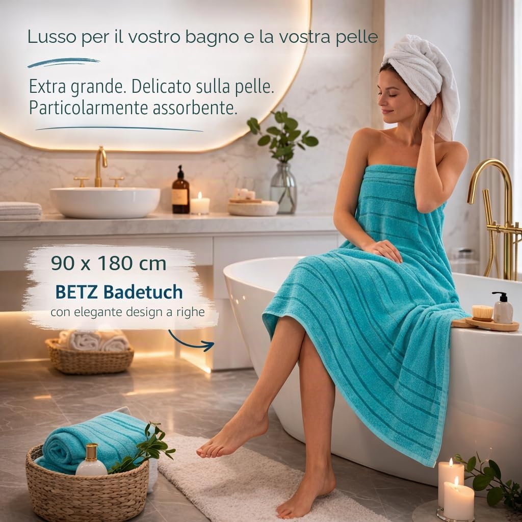 Betz Premium XXL Asciugamano - telo mare grande - asciugamano sauna in 100% cotone - telo mare - 90x180 cm LINES (turchese)
