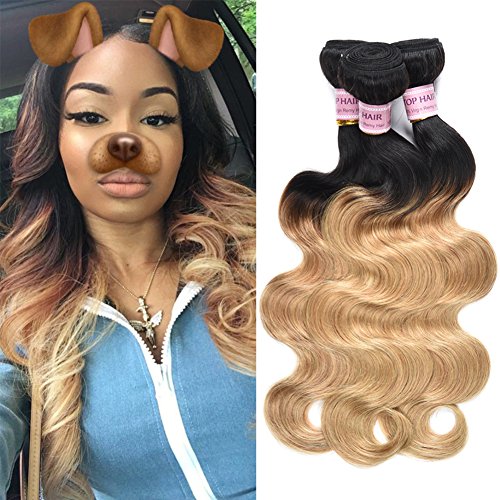 Aigemei Hair Virgin Remy Peruvian Hair 3 Bundles 14"16"18" With Ombre Black To Blonde Extensions And Ombre Two Tones Blonde Hair 1B/27 100g/Bundle