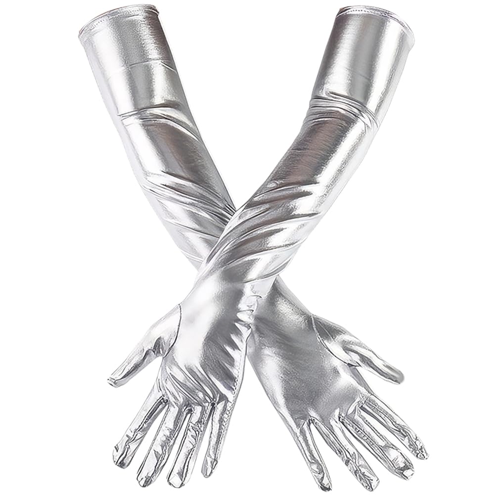CALFOVERA 56cm Silver Shiny Metallic PU Leather Gloves for Women Long Finger Hand Opera Gloves Stretchy Faux Leather Rave Role Play Arm Warmer Elbow Length for Halloween Costume Party Cosplay