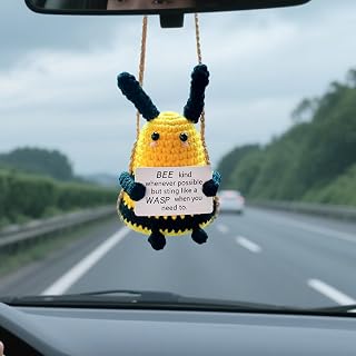 Handmade Crochet Bee Car Mirror Hanging Ornament, Cute Aesthetic Car Rear View Mirror Charm, Lovely Auto Interior Decoration Accessories Pendant for Women (Bee)