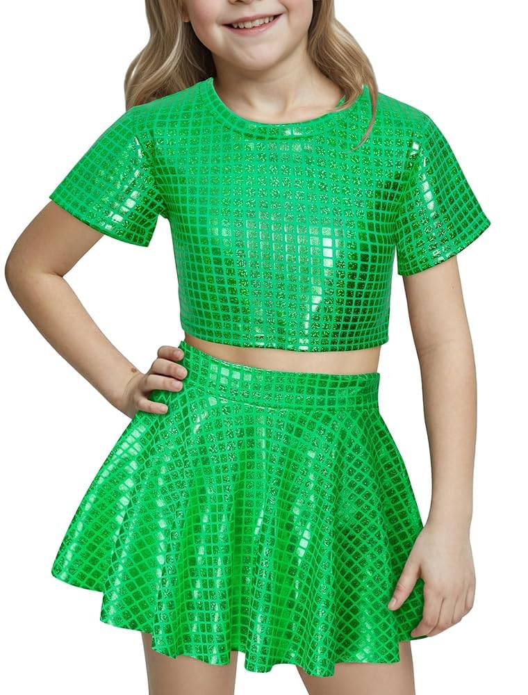 Happy Cherry Conjunto de 2 piezas de falda y top brillante para niña de manga corta metálica de discoteca y minifalda plisada