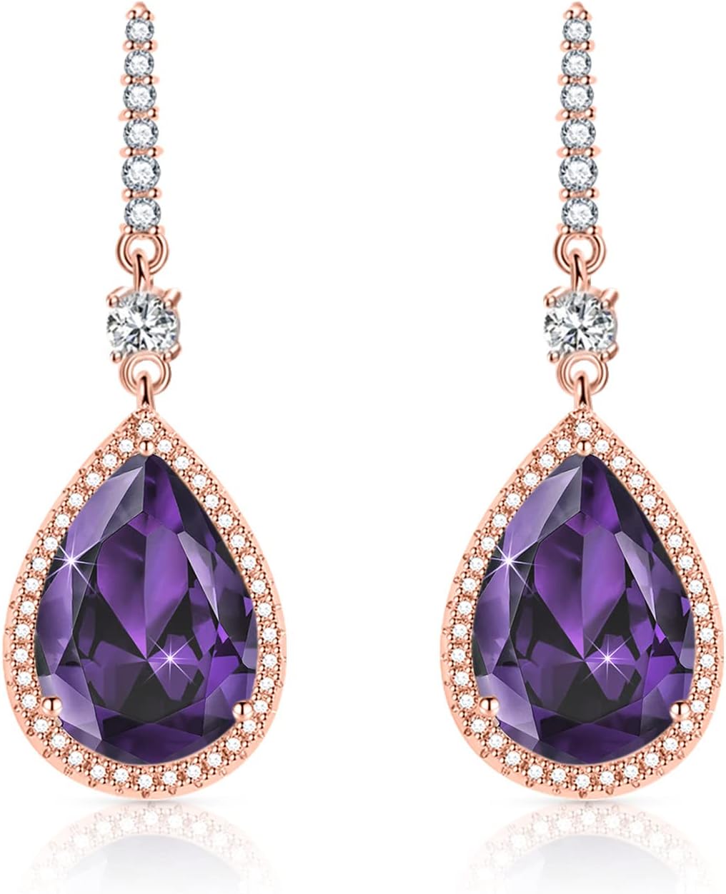 Crystal Rhinestone Cubic Zirconia Dangle Drop Earrings 14K Rose Gold Birthstone Teardrop Earrings for Bride Bridesmaids Wedding Party Prom Fashion Costume Jewelry