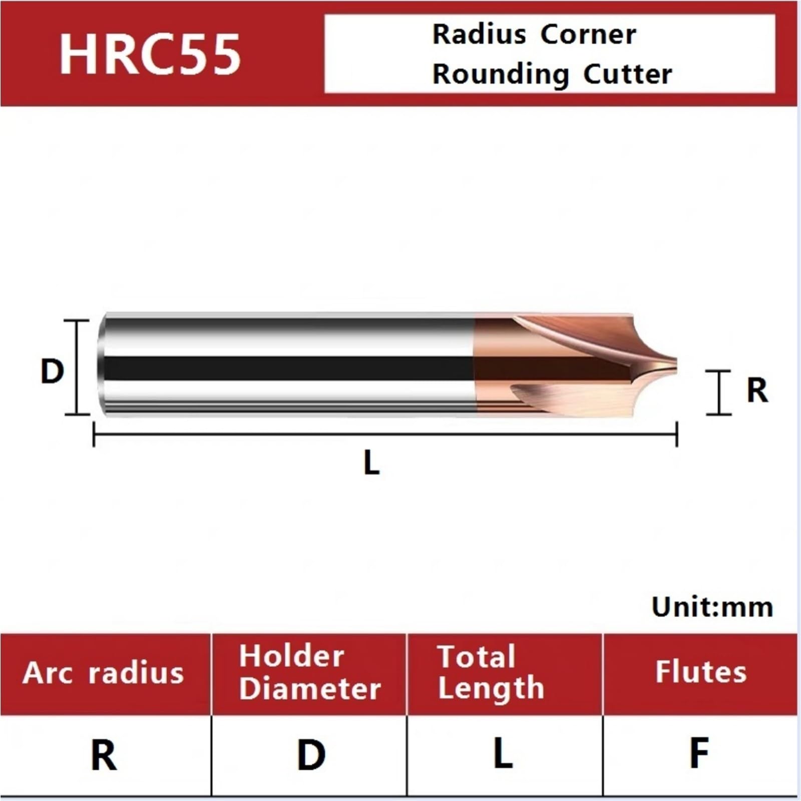 Fresa de extremo Juego de 5 fresas de extremo for redondeo de esquinas con radio HRC55, R0.5/0.75/1/2/3/4/5, biselado de radios exteriores(FOR Stainless,R1*D4*L50 4F)