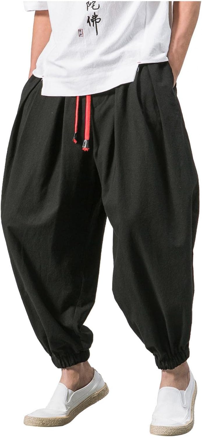 Men’s Loose-Fitting Pants, Boho, Hippie, Yoga, Harem, Cotton Linen, Loose Fit, Elasticated Waist, Ankle Length with Pockets