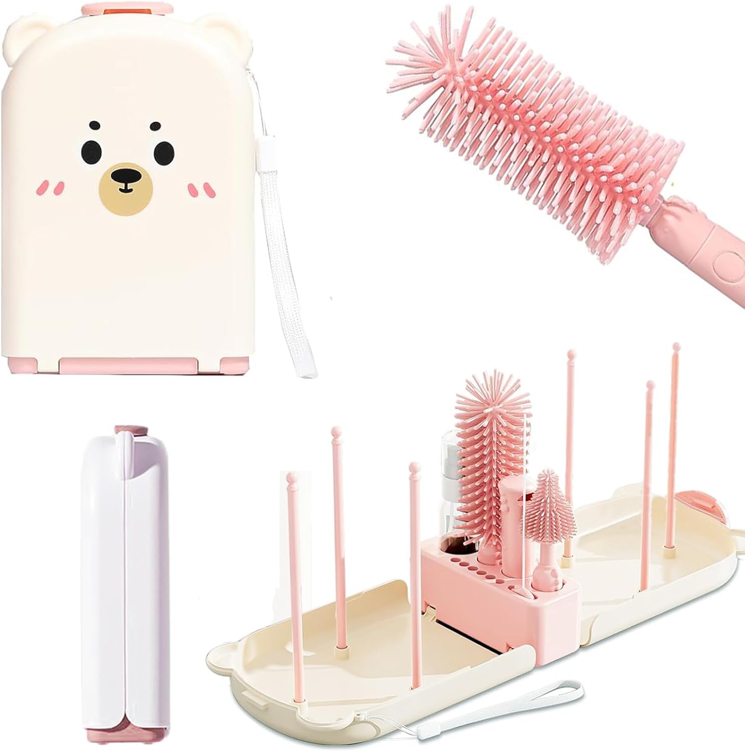 6 in 1 Baby Bottle Brush Set with Storage Drying Rack Holder Baby Travel Bottle Cleaner Kit for Cleaning Glasses Cup Water Bottles - KAMHBE (Pink)