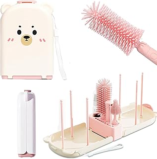 KAMHBE - Juego de cepillos para biberones (7 en 1, incluye soporte plegable para biberones, soporte para cepillos para casa y viajes), color rosa